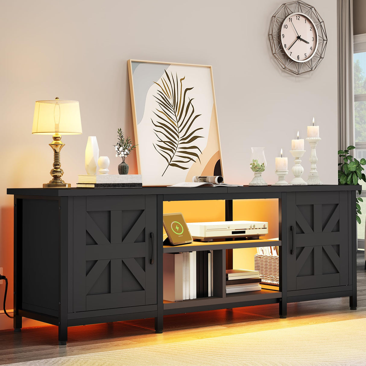 YITAHOME TV Stand with LED Lights & Charging Station, Farmhouse Entertainment Center with Storage Cabinets & Shelves, Cross-Pattern Doors, Fits TVs up to 70'', TV Consoles for Living Room, Black YITAHOME