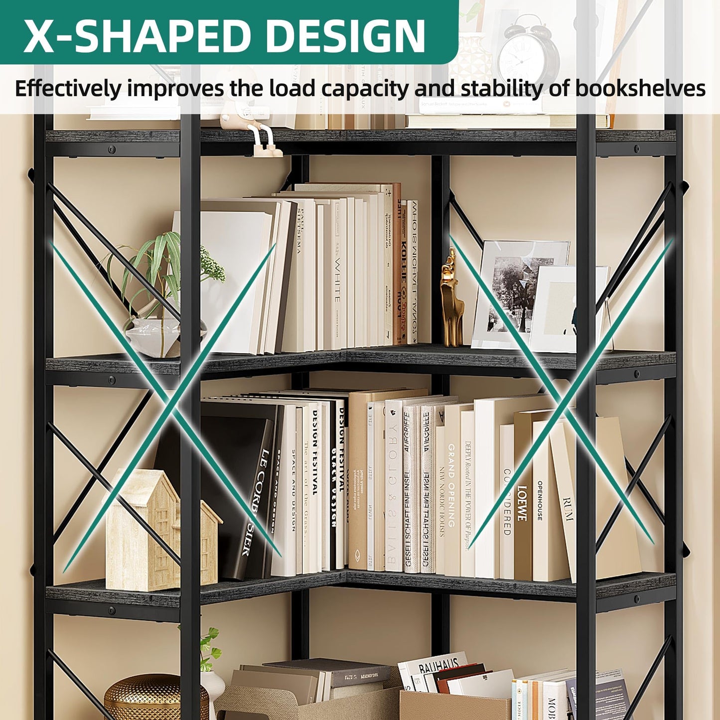 YITAHOME 5-Tier Industrial Corner Bookshelf in Charcoal Gray and Black - WoodArtSupply