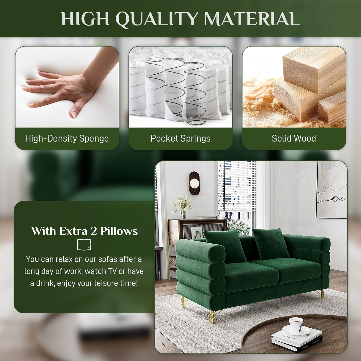 Wrofly Cloud Couch for Living Room, 59" Modern Overstuffed Deep Seat Velvet Loveseat Sofa with 2 Pillows, Comfy Upholstered 2 Seater Love Seat for Bedroom Office, Emerald Green Velvet Wrofly