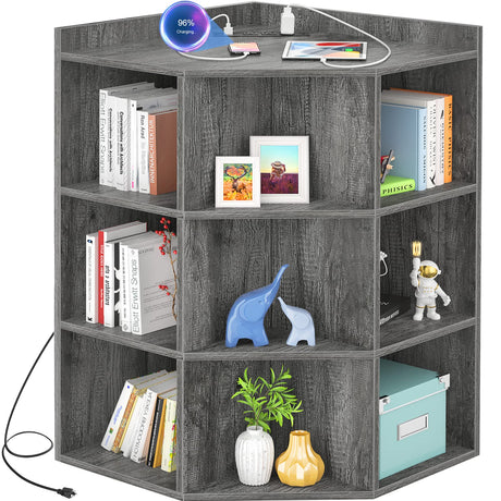 Aheaplus Corner Cabinet, Corner Storage with USB Ports and Outlets, Corner Cube Toy Storage for Small Space, Wooden Corner Cubby Bookshelf with 9 Cubes for Playroom, Bedroom, Living Room, Grey Oak Aheaplus
