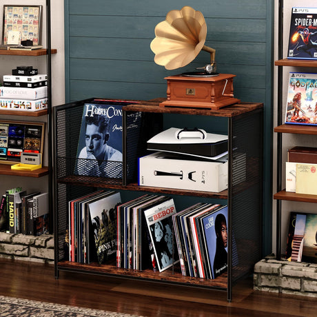 Huxitocan 3 Tier Record Player Stand Holds Up to 300 Albums with 4 Adjustable Divider for Turntable Stand, Large Vintage Record Player Table with Vinyl Record Holder Cabinet-Patent Pending Huxitocan