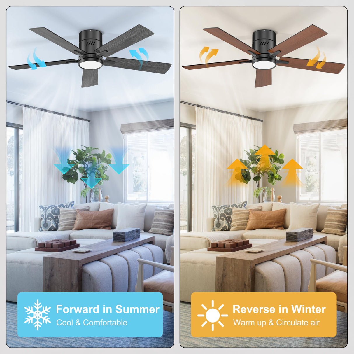 Ohniyou Ceiling Fan with Lights, 48" Flush Mount Ceiling Fan with Light and Remote, Low Profile, Reversible Motor, Dimmable for Bedroom Living Room, Walnut Ohniyou