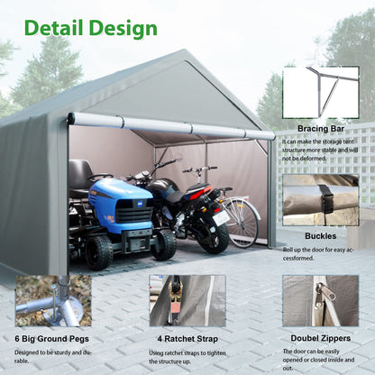 10x10 ft Portable Outdoor Storage Shelter Shed, Heavy Duty Storage Garage Shed with Roll-up Doors Shelter for Garden Tool, Lawn Mower, Motorcycleand, Bike - Gray - WoodArtSupply