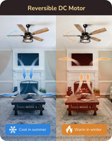 EDISHINE 52 Inch Farmhouse Ceiling Fans with Lights, Rustic Ceiling Fan with Light and Remote, 5 Wooden Blades Lighting & Ceiling Fans with Timer, 6 Speeds Reversible DC Motor for Bedroom Patio Porch EDISHINE