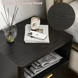 Fluted Nightstands Set of 2, Black Night Stands with 2 Drawers and Open Shelves, Wooden Bedside Table Modern Design End Table for Bedroom Sofa Office (2, Black) ROCSUMOO