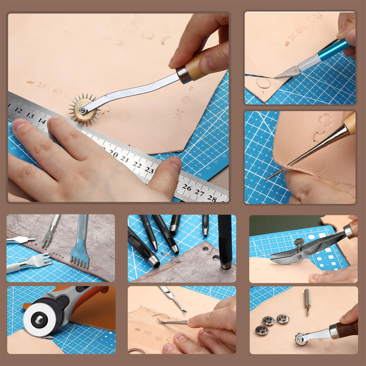 SOCNITC Leather Craft Tools, Leather Working Kit with Snaps and Rivets Kit Stamping Tools Stitching Groover Waxed Thread Punch Hole for Leathercraft Adults, Beginners SOCNITC