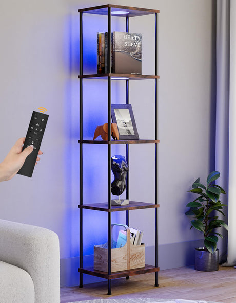Display Shelf with RGBCW Light, Color Changing Curio Cabinet Floor Lamp with Shelves Corner Standing Column Lamp Etagere Organizer Tower Nightstand Bookcase for Living Room Bedroom Office Décor, Brown PARTPHONER