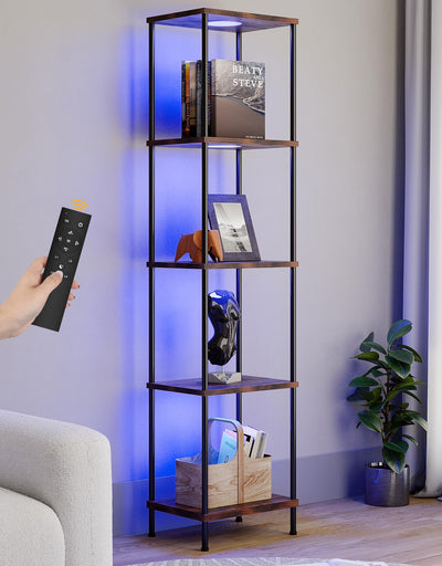 Display Shelf with RGBCW Light, Color Changing Curio Cabinet Floor Lamp with Shelves Corner Standing Column Lamp Etagere Organizer Tower Nightstand Bookcase for Living Room Bedroom Office Décor, Brown