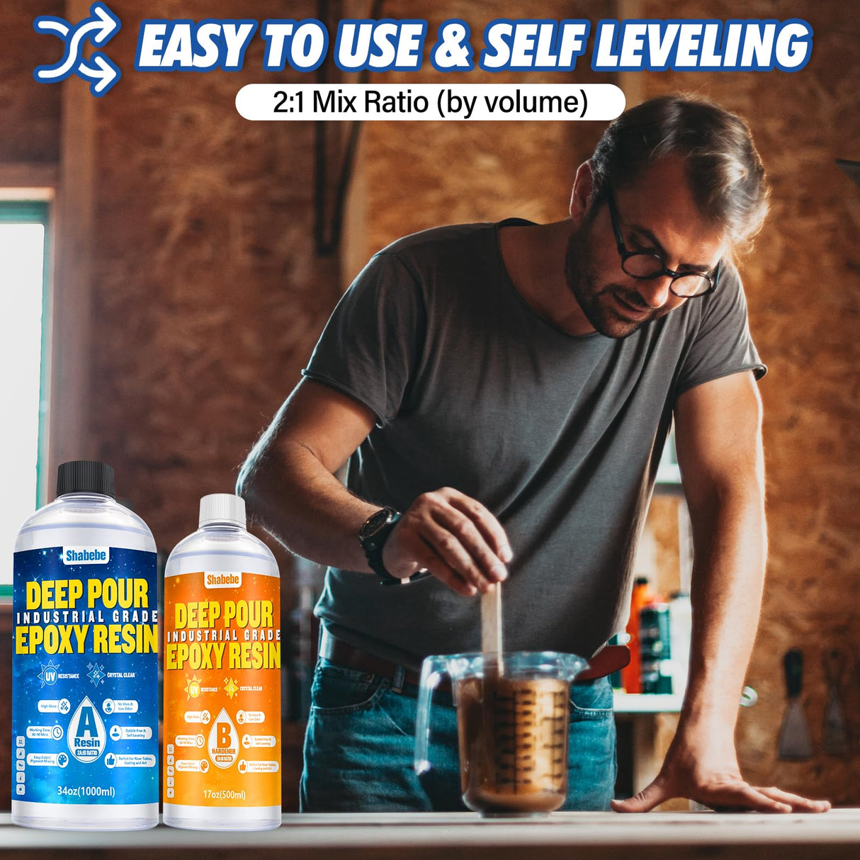 Deep Pour Epoxy Resin 51OZ, Shabebe 2024 Upgarde Epoxy Resin for 2-4" Pour Depths, Bubble Free & High-Gloss Art Resin, 2:1 Food Safe Casting Resin for DIY Molds, River Table,Wood,Bar Tops, Countertops Shabebe