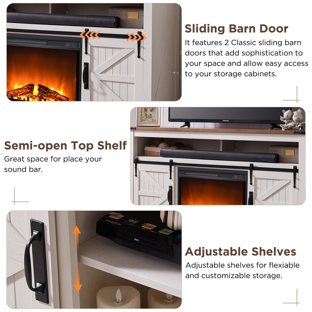 OKD Fireplace TV Stand for 65+ Inch TV, 33" Tall Highboy Farmhouse Entertainment Center w/ 23'' Electric Fireplace, Rustic Media Console w/Sliding Barn Door for Living Room, Antique White OKD