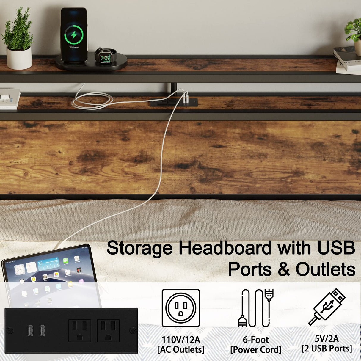 Stunning LIKIMIO King Bed Frame with Storage Drawer & Charging Headboard in Vintage Brown LIKIMIO