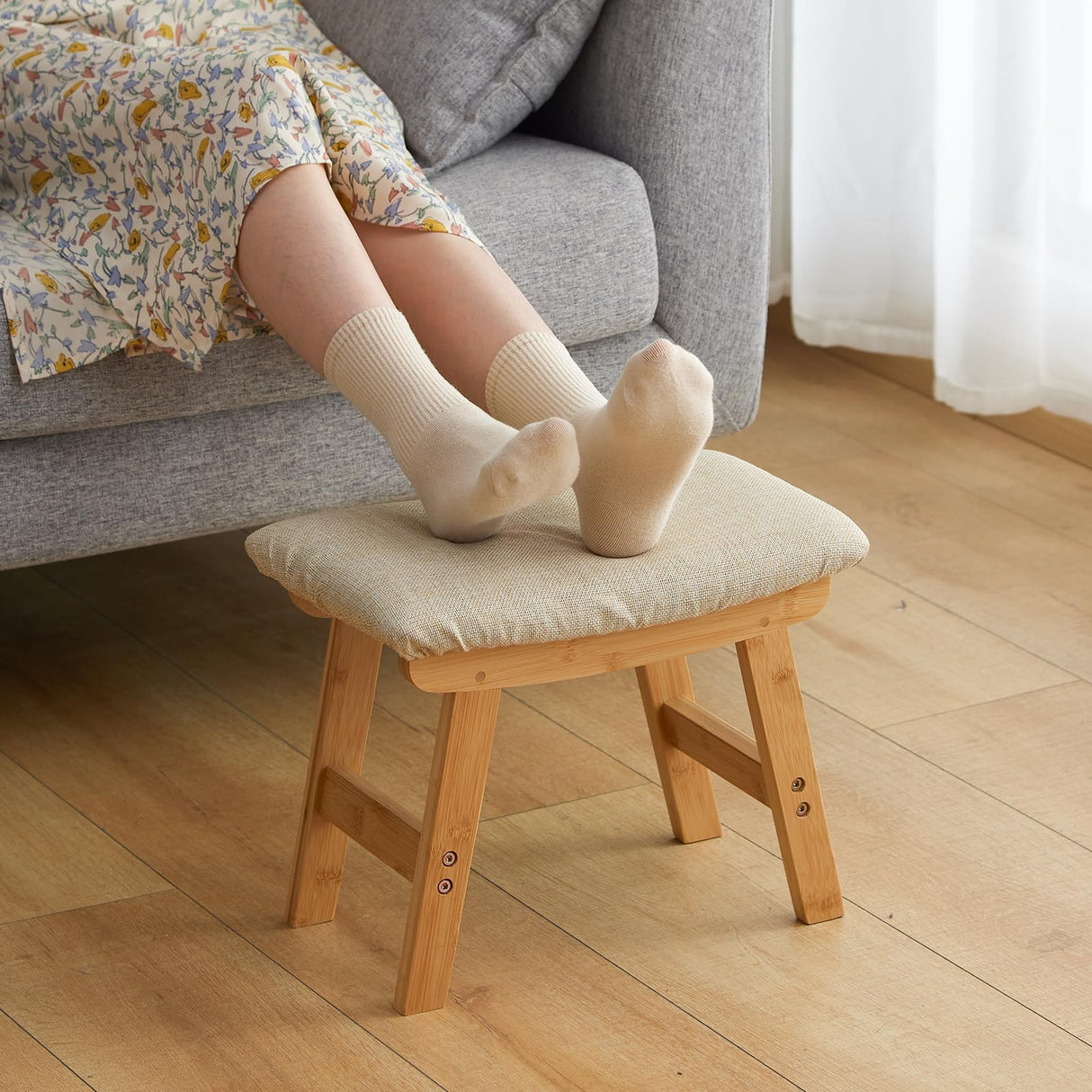 Foot Stool,Ottoman Foot Rest,Bamboo Foot Stool Under Desk,Small Stool for Living Room, Bedroom and Kitchen (Natural Legs - Beige Stool Surface) Furshus