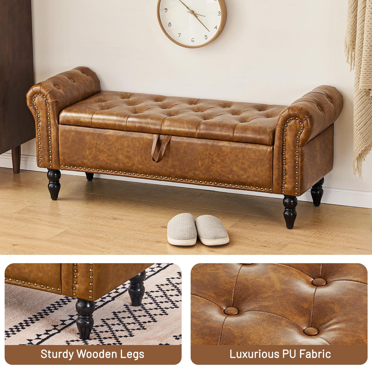 Furniliving Storage Ottoman Bench, Leather Bench End of Bed Bench with Solid Wood Legs Upholstered Ottoman Bench with Storage Indoor Bench for Living Room with Rolled Arm, Entryway, YellowBrown Furniliving