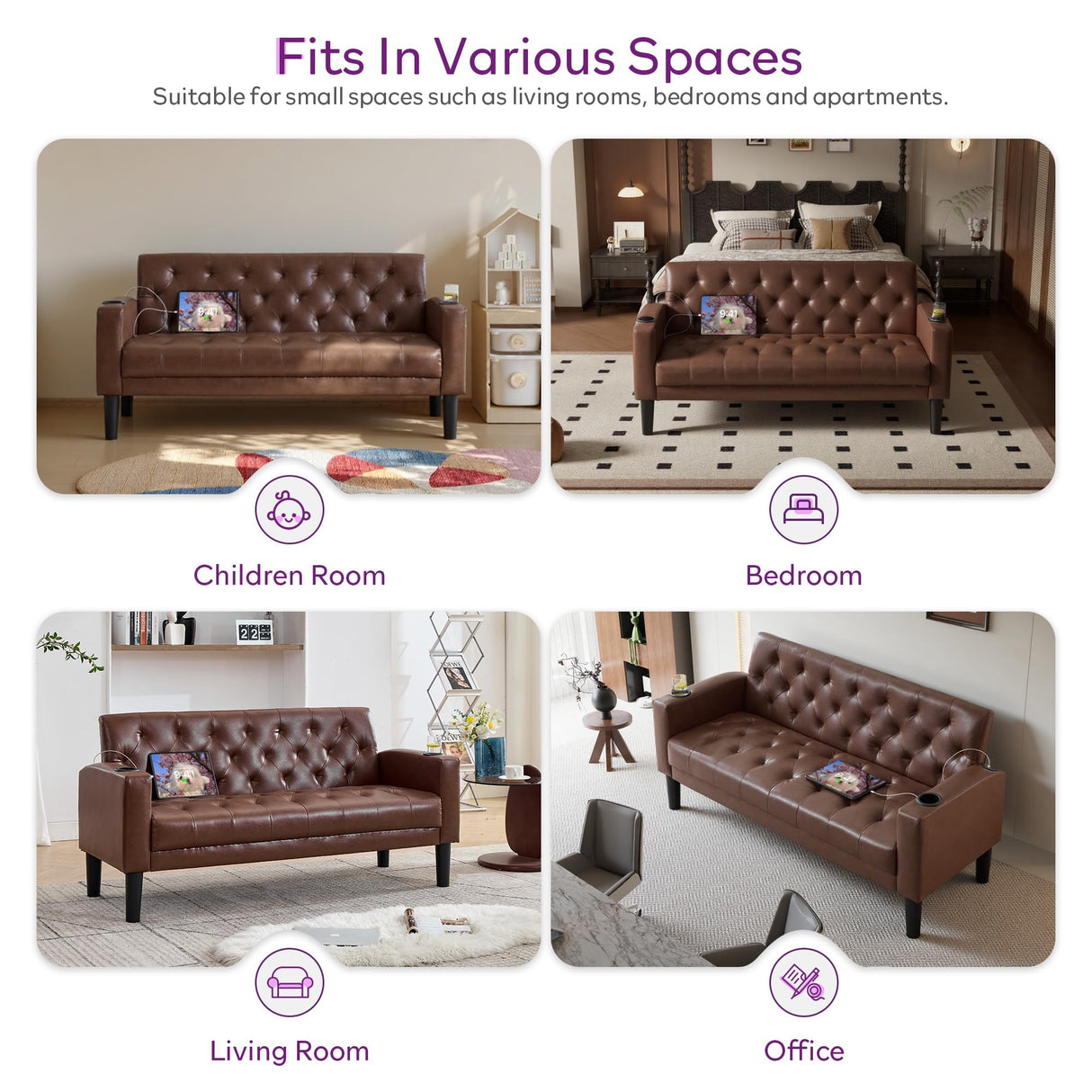 TYBOATLE 62" W Brown Leather Loveseat w/ 2 USB and 2 Cupholders, Mid-Century Modern Tufted Small Love Seat Couches for Office, Living Room, Bedroom, Dorm (1, Brown) TYBOATLE