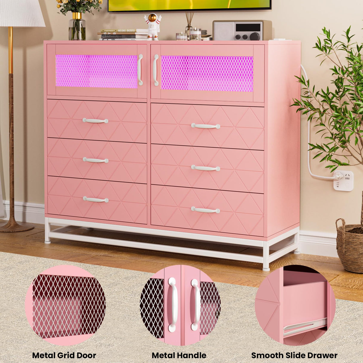 ElectraSpeedy Dresser for Bedroom, 6 Drawer Dresser with 2 Shelves, LED Lights & Charging Station, Modern Chest of Drawers for Bedroom, Entryway, Hallway, Pink ElectraSpeedy