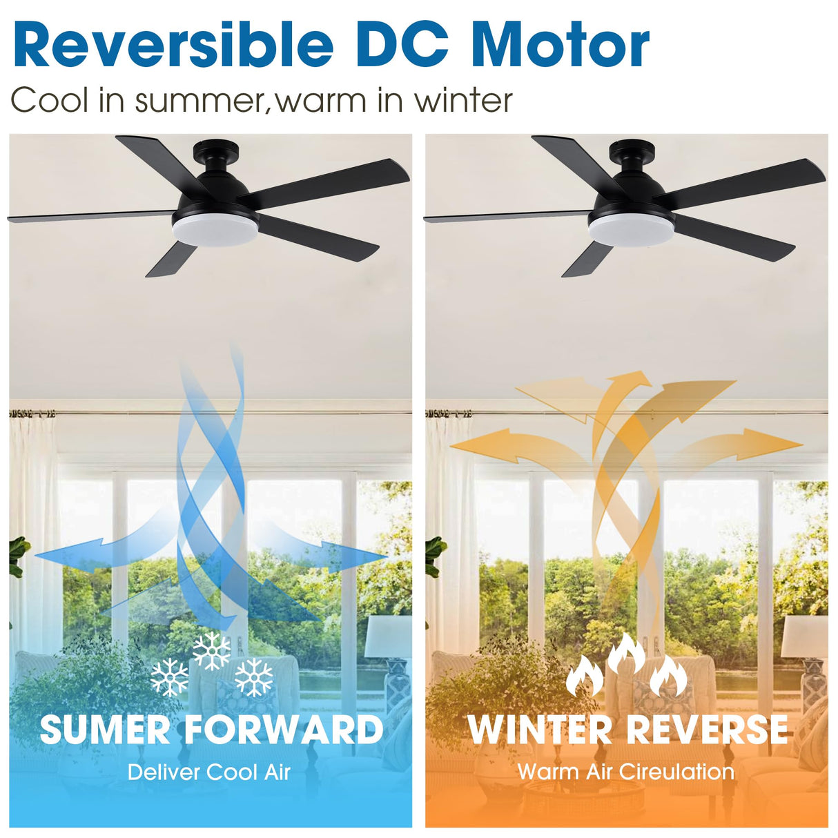 ELEVARAWOOD Black Ceiling Fan with Light, 52 Inch Outdoor Ceiling Fans with Lights and Remote, Modern Indoor Bedroom Ceiling Fan Noiseless, Reversible Blades, DC Motor ELEVARAWOOD