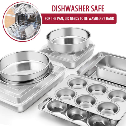 E-far 12-Piece Stainless Steel Bakeware Sets, Metal Baking Pan Set Include Round Cake Pans, Square/Rectangle Baking Pans with Lids, Cookie Sheet, Loaf/Muffin/Pizza Pan, Non-toxic & Dishwasher Safe