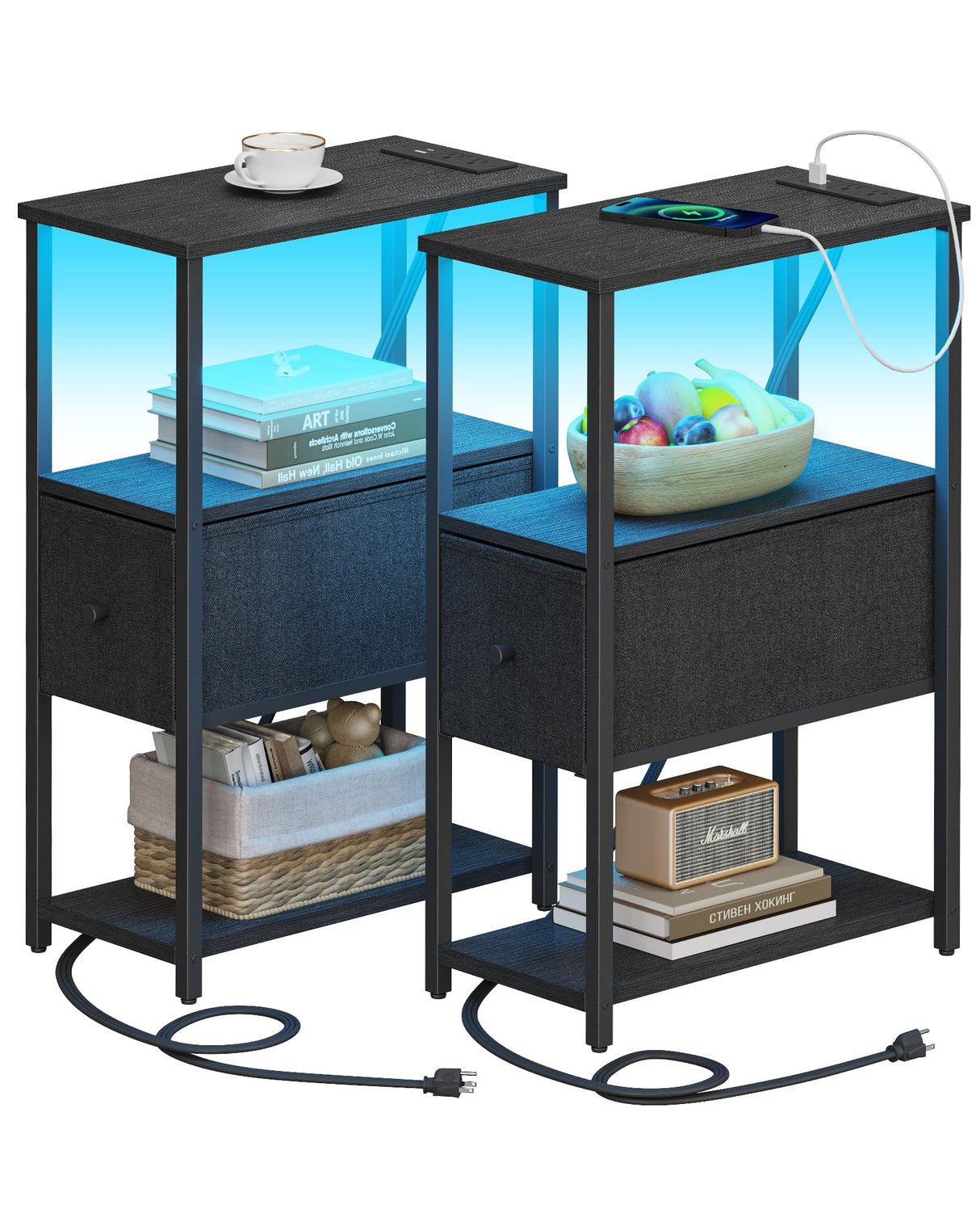 TUTOTAK Small Narrow LED End Table with Charging Station, Side Table Outlets, Nightstand with Cloth Drawer, Set of 2, Couch Table, for Living Room, Bedroom, Bedside, Black TB01BK059 TUTOTAK