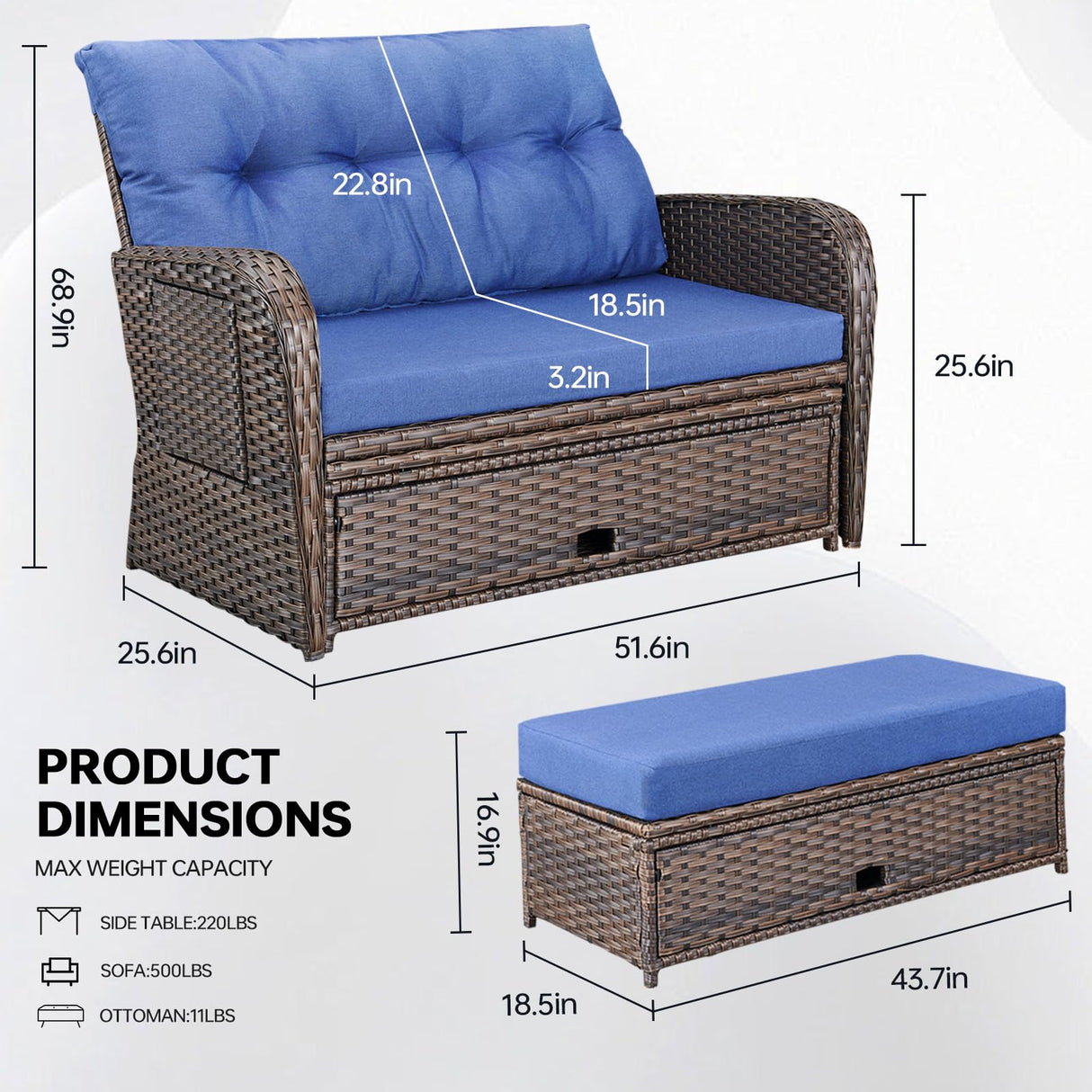 Bellefurn Patio Rattan Daybed, Wicker Recliner Loveseat for Two with Multifunctional Recliner and Stowable Side Tray, 5 Level Adjustable Backrest (Brown Wicker/Blue Cushion) Bellefurn