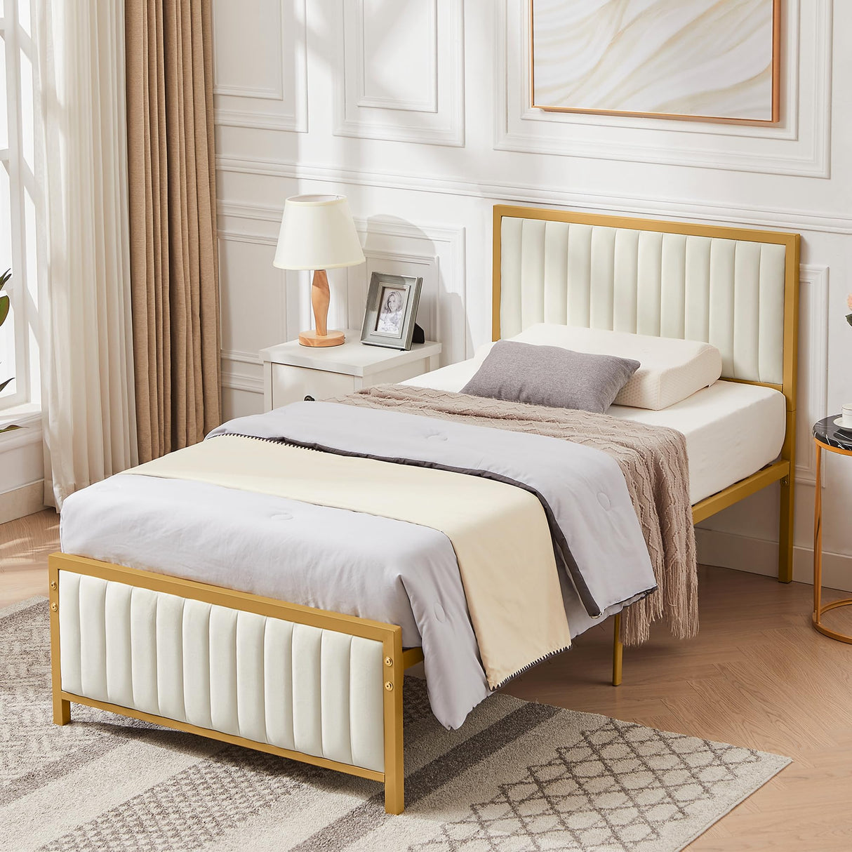 VECELO Twin Bed Frame with Upholstered Tufted Headboard & Footboard, Heavy Duty Steel Slats Platform, No Box Spring Needed, Gold VECELO