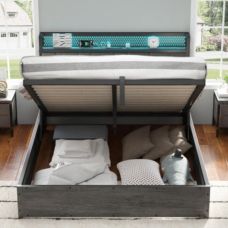 AMERLIFE Full Size Lift Up Bed Frame with Linen Upholstered & LED Light & Storage Headboard, Platform Bed Frame with Charging Station, No Box Spring Needed, Noisy Free, Rustic Grey AMERLIFE