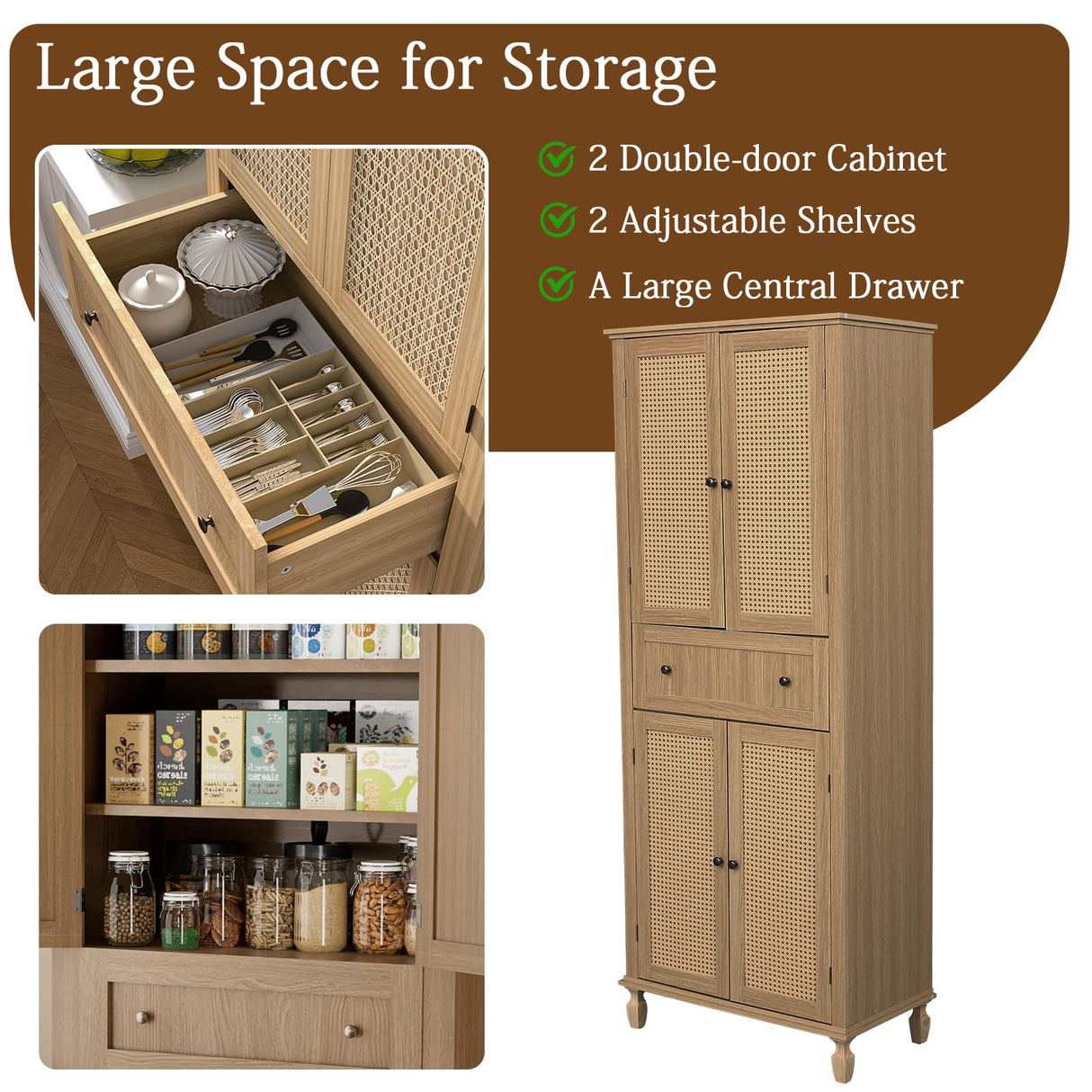 Yeyawomy 72 inch Kitchen Pantry Storage Cabinet, Freestanding Pantry Cabinet, Tall Cabinets with Doors and Shelves,Freestanding Cupboard with Adjustable Shelves for Dining Room， Natural Yeyawomy