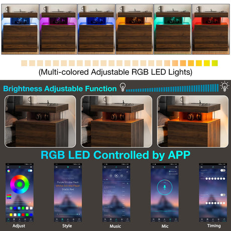 HOMMPA LED Nightstand with Wireless Charging Station Dark Walnut Wood Bedside Table with Led Light Smart Nightstand USB Port Type C Night Table with 2 Drawers Mid Century LED Night Stand for Bedroom HOMMPA