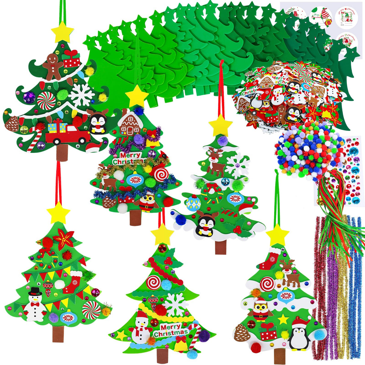 Winlyn 24 Sets Christmas Tree Ornaments Decorations Art Sets DIY Christmas Craft Kits Pine Tree Snowman Snowflake Penguin Foam Stickers Arts and Crafts for Kids Party Favors Home Classroom Activities Winlyn