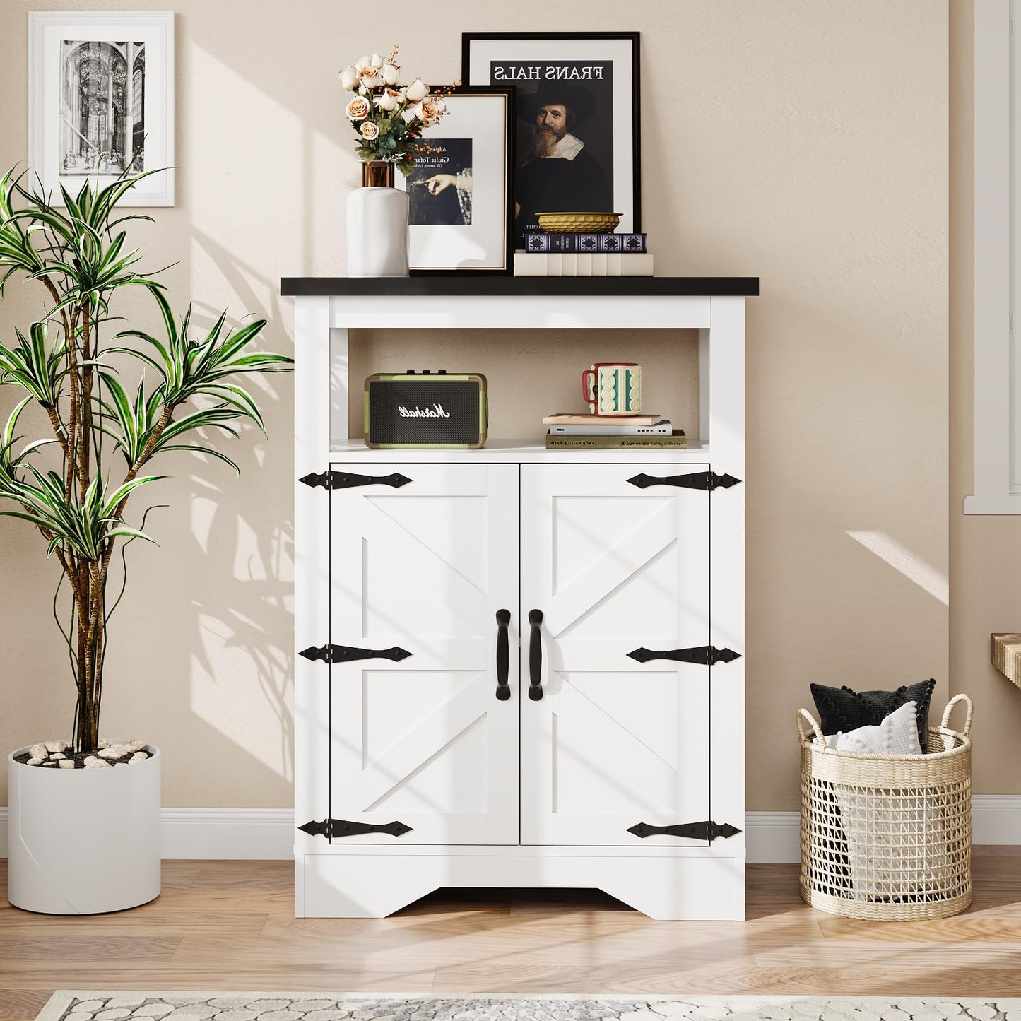 Maupvit 23.6" Rustic White Farmhouse Storage Cabinet, 2 Doors, 2 Open Shelves, 31.9"L x 11.8"D x 23.6"H, Kitchen Pantry, Coffee Bar, Sideboard, Cupboard, Bookcase