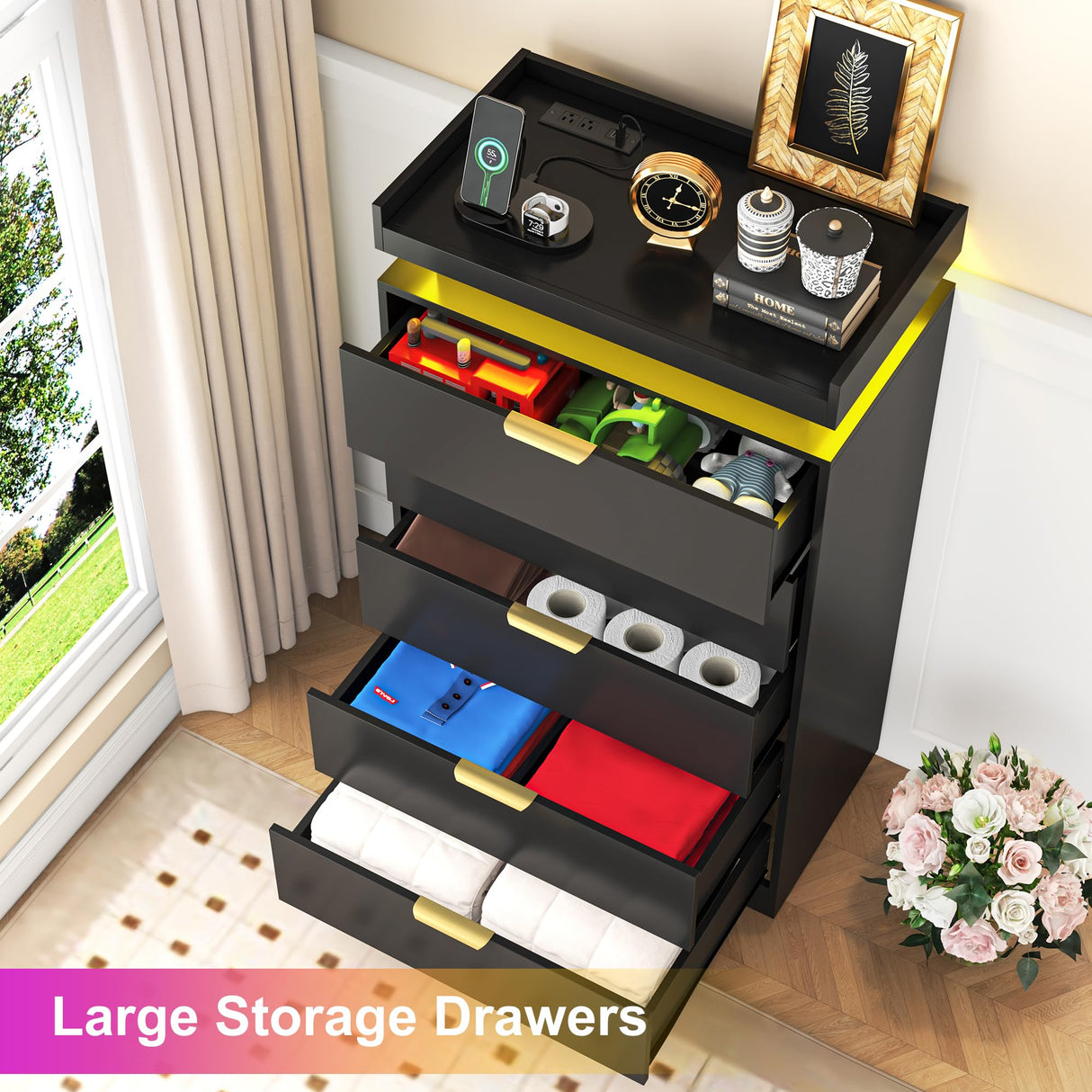 knoworld Tall Dresser for Bedroom, Black Dresser with LED Lights, Wood 5 Drawer Chest with Power Outlet, Modern Chest of Drawers for Bedroom, Living Room, Entryway, Hallway knoworld