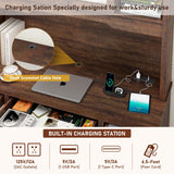 Hlivelood 76" Height Farmhouse Desk with Sliding Door Hutch, Wood Office Executive Workstation Computer Desk with Charging Station, Drawers and Storage Cabinet, for Work, Sturdy, Game, Brown Hlivelood