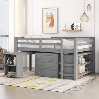 Solid Wood Full-Size Low Loft Bed with Integrated Desk, Cabinet, and Bookshelf in Pure Gray - WoodArtSupply