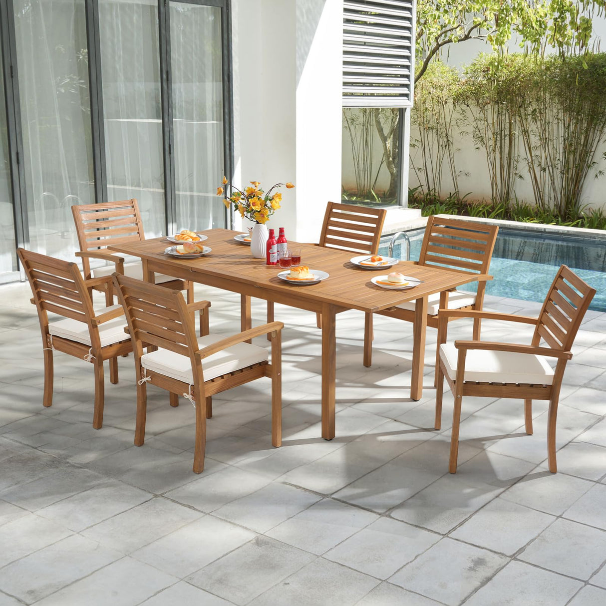 OC Orange-Casual 7 Piece Patio Dining Set, Outdoor Acacia Wood Furniture Set, Extendable Rectangular Table and 6 Stackable Chairs w/Removeable Fabric Cushion, White Cushion OC Orange-Casual