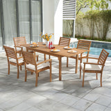 OC Orange-Casual 7 Piece Patio Dining Set, Outdoor Acacia Wood Furniture Set, Extendable Rectangular Table and 6 Stackable Chairs w/Removeable Fabric Cushion, White Cushion OC Orange-Casual