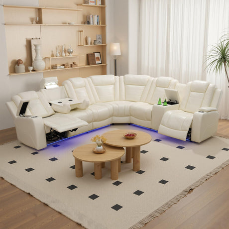 Leather Reclining Sofa with LED,Power Recliner Sectional Couch for Living Room,Reclining Couches with Read Light/Charging/Hide-Away Storage (Cream-White, Sectional) Pon Living Furniture Inc
