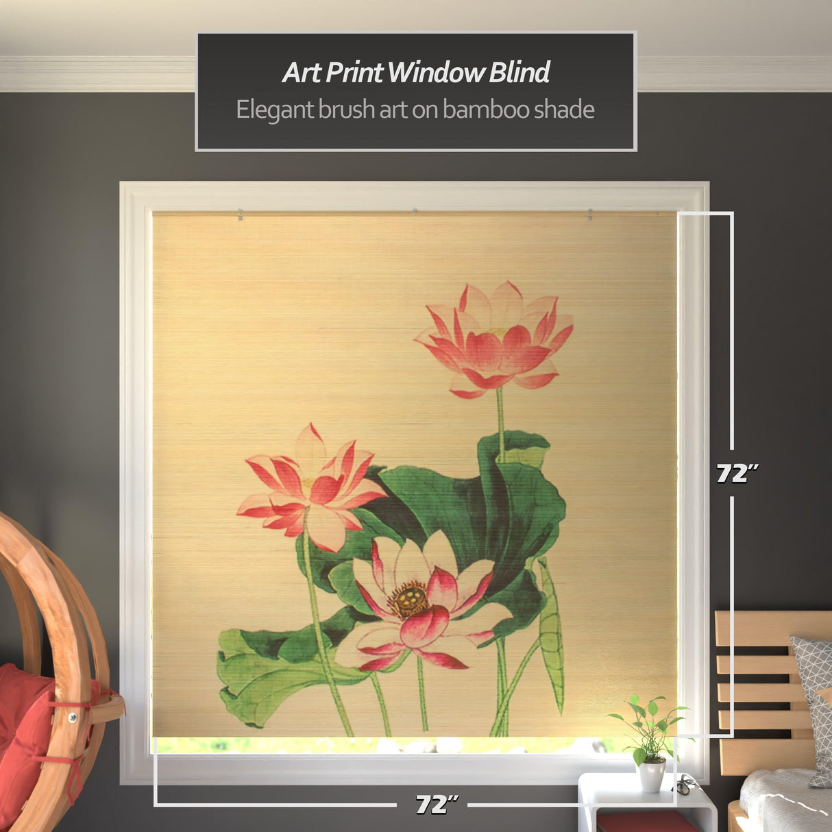 Red Lantern Bamboo Window Shade Blind - Lotus Blossom 72" Wide Red Lantern
