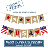 USA Banner Burlap 4th of July Decorations Rustic Patriotic Banner Red White Blue Stars Bunting Garland for President Day 4th of July Party Supplies 4th of July Patriotic Outdoor Indoor hanging Decor Partyprops