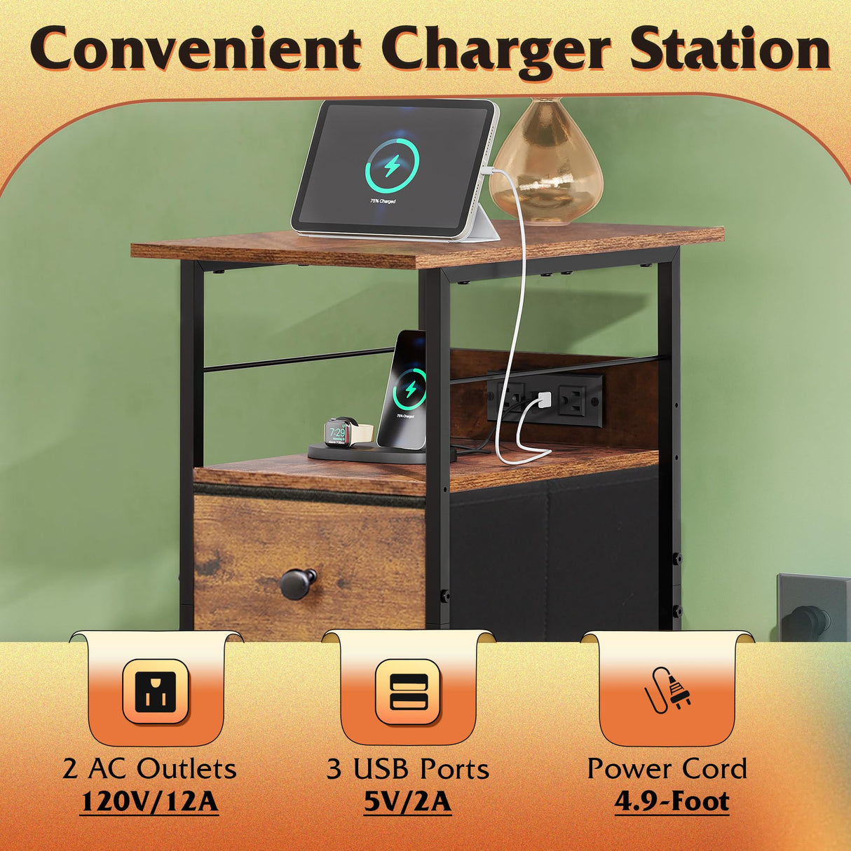 WLIVE Narrow Side Table with Charging Station, End Table with LED Lights,2 Fabric Drawers and Open Shelf, Bed Side Tables Living Room, Small Spaces, Bedroom, Night Stand with Charger Station WLIVE