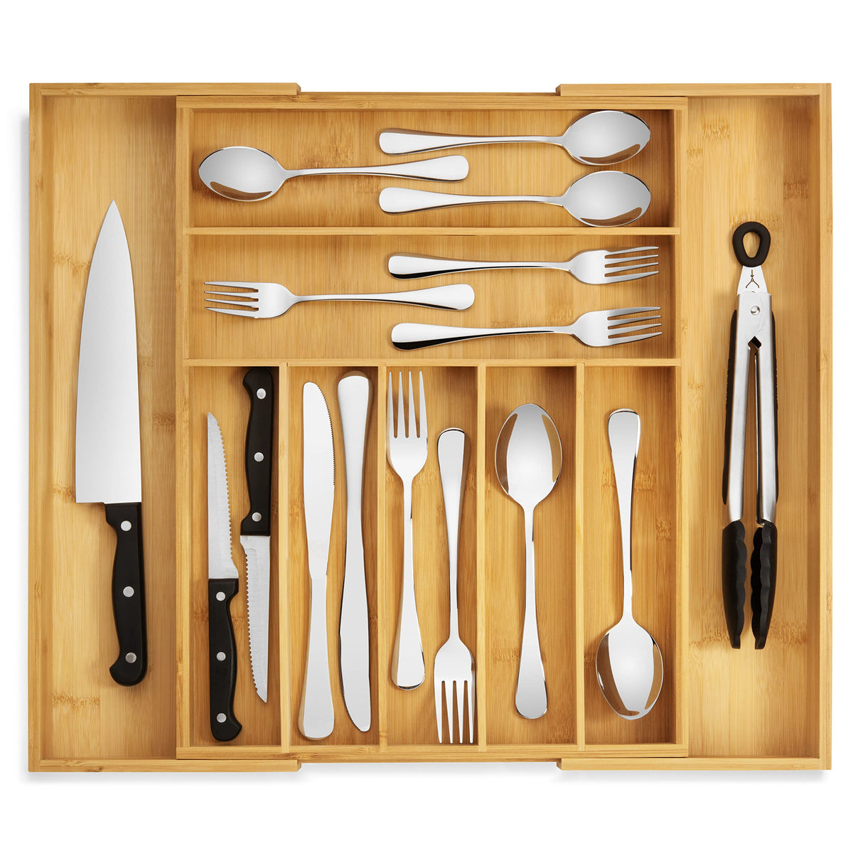 Purawood Bamboo Drawer Organizer - Expandable Silverware Organizer & Utensil Drawer Organizer, Cutlery Tray with Dividers, 7-9 Slots- Premium Kitchen Drawer Organizer for Utensils & Flatware (Natural) Purawood