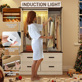 Farmhouse 3 Doors Armoire Wardrobe Closet w/Folding Sliding Barn Door and Lights, LED Armoire Closet w/Drawers for Bedroom, Freestanding Wooden Wardrobe Storage Closets w/Hanging Rod,Antique White jiteentarou