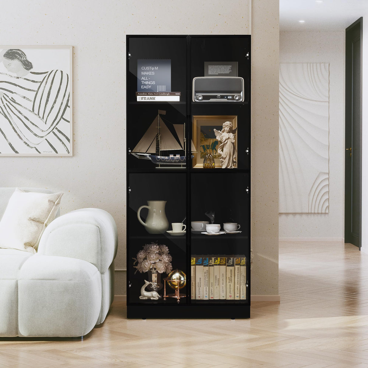 HLR Display Cabinet with Glass Doors, Tall Storage Cupboard, Freestanding Curio Display Cabinet with 4-Tier Storage Shelves for Collectibles, Living Room, Home Office HLR