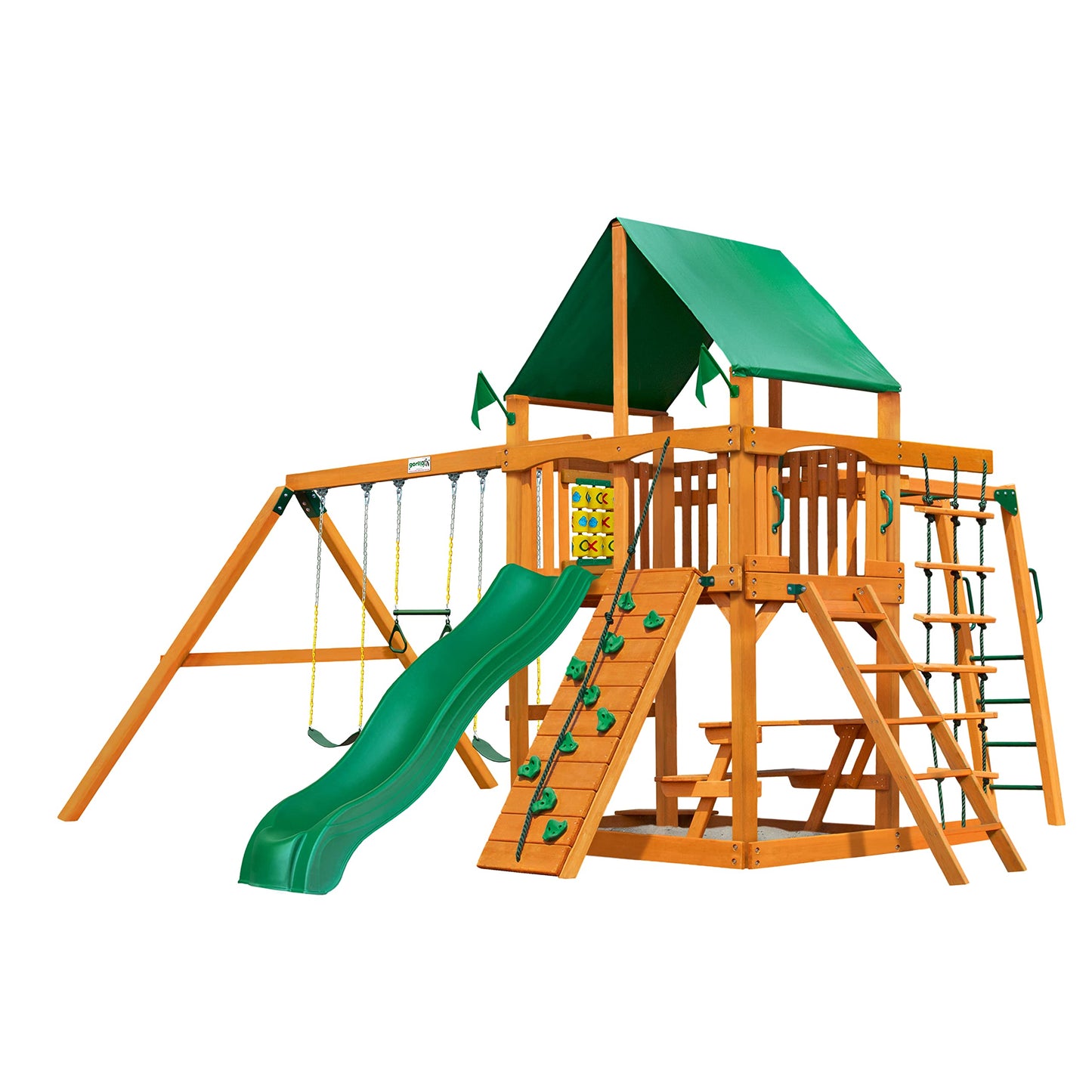 Gorilla Playsets 01-0020-AP-1 Navigator Wooden Swing Set with Deluxe Green Vinyl Canopy, Monkey Bars, Swings, and Slide, Brown - WoodArtSupply