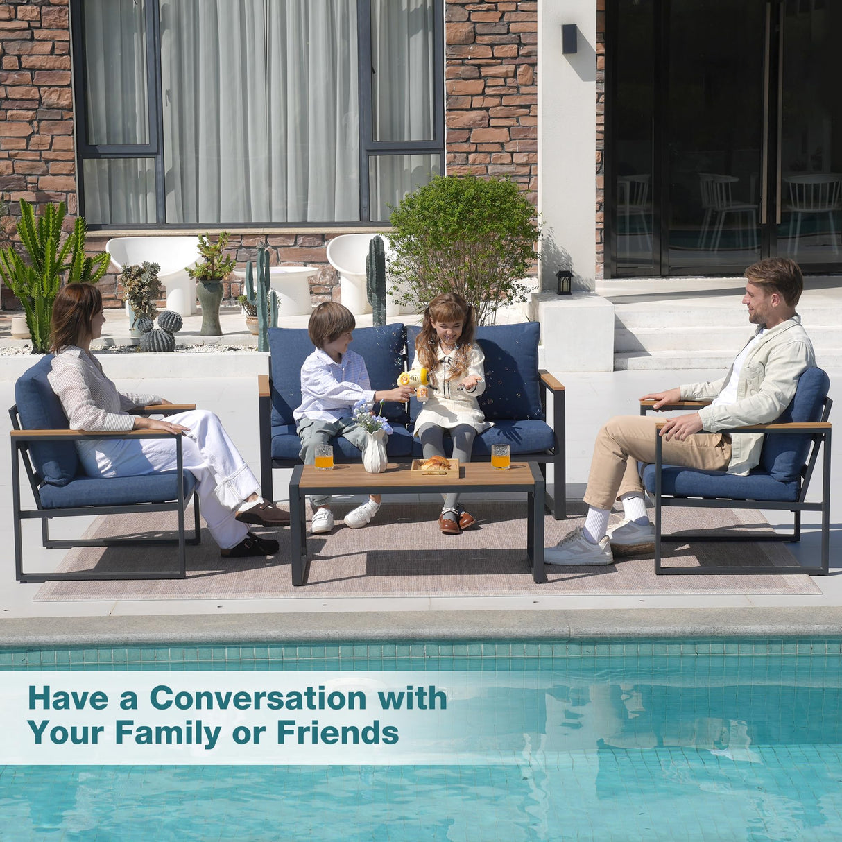 COMLAX FIELD Patio Furniture Set, 4 Pieces Outdoor Patio Furniture with Coffee Table Set, Metal Patio Conversation Sets with Washable and High-Resiliency Sponge Cushions, Upgrade Blue COMLAX FIELD