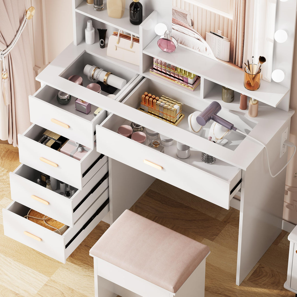 ANWBROAD Makeup Vanity Desk with Mirror and Lights Power Outlet 35.5" Vanity with Glass Top Dresser 3 Lighting Modes Brightness Adjustable White Vanity Desk with Drawers Shelves Bedroom Stool UBDT64W ANWBROAD