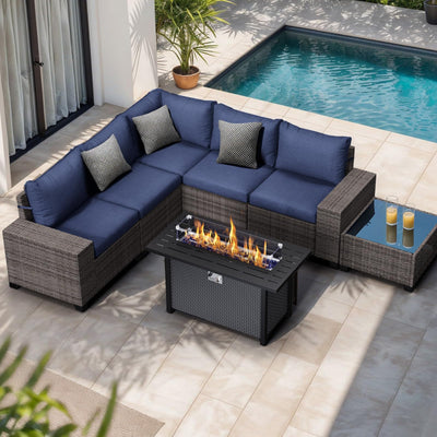 JOIVI 7 Pieces Outdoor Patio Furniture Set with 45” 50000BTU Fire Pit Table, Rattan Patio Conversation Set with Coffee Table, L-Shaped Sectional Sofa and Propane Fire Pit Set, Navy Blue