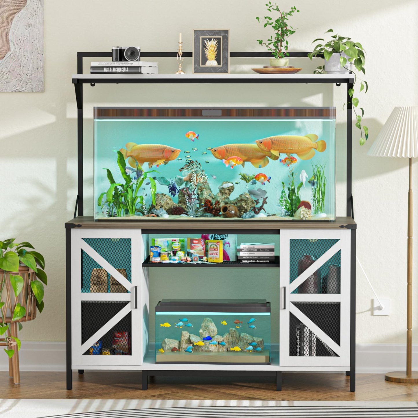 Halitaa 55-75 Gallon Fish Tank Stand,Farmhouse Heavy Duty Metal Aquarium Stand with Power Outlet & LED Light,Reptile Tank Stand with Cabinet and Shelf for Accessories Storage Turtle Terrarium - WoodArtSupply