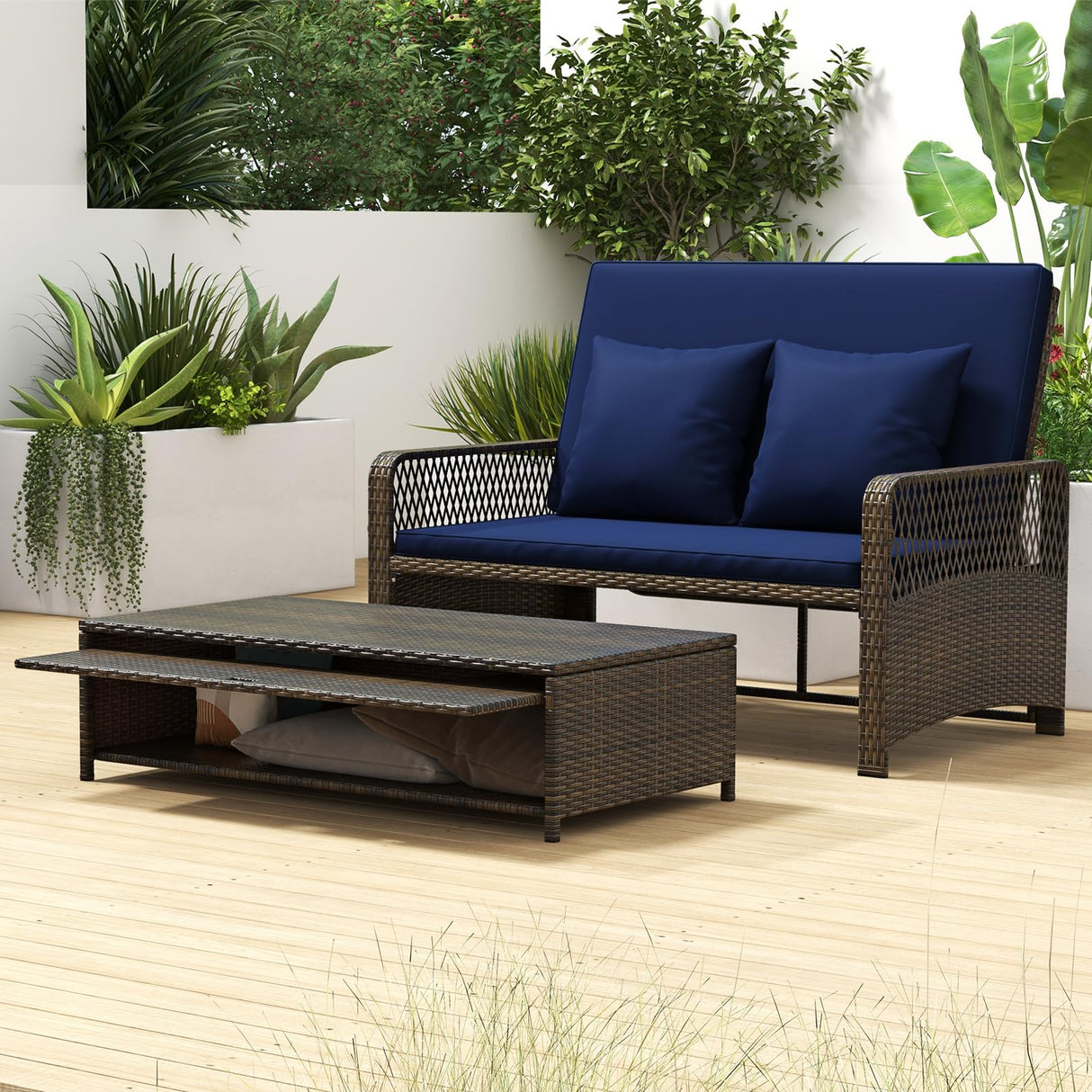 Tangkula Patio Adjustable Wicker Daybed, Rattan Loveseat & Storage Ottoman w/ 4-Level Backrest & Soft Cushions, Space-Saving 2-Person Sun Lounger for Backyard, Porch (Navy) Tangkula