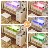 HUAHUU Vanity Desk with Mirror and LED Lights, 57.5" Makeup Vanity with Glass Top & Wireless Charging, Vanity with RGB Drawers, 3 Colors Light, Power Outlet Safety Switch for Bedroom, White HUAHUU