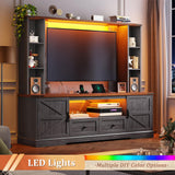 Entertainment Center with 2 LED Lights & Power Outlets, Large Farmhouse Wall Unit Entertainment Center for 60 Inch Television Stand, TV Stands for Living Room with Storage Shelf, Dark Grey EnHomee