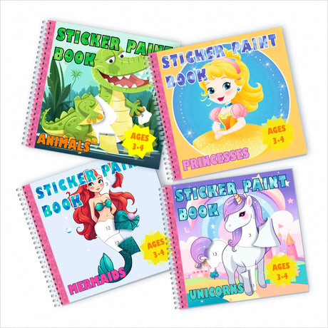BulbaCraft 4Pcs Sticker Paint Books for Girls - Sticker Books by Number with Mermaids, Princesses, Animals and Unicorns - Coloring Activity for Kids BulbaCraft